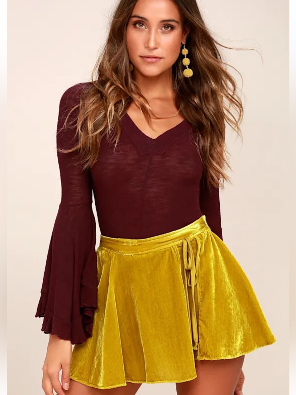 Free People “Dance The Night Away” Velvet Mini Skort In Mustard✨
